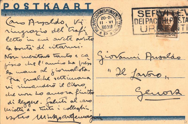 Cartolina di Mirko Ardemagni a Giovanni Ansaldo, 1930 (2)